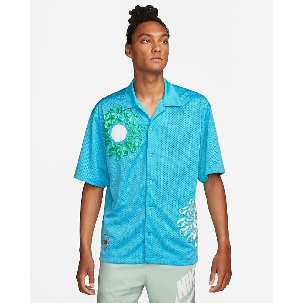 Nike Men's Uphoria Button-Up Mesh Dri-Fit Sportswear Short Sleeve Top Blue Shirt